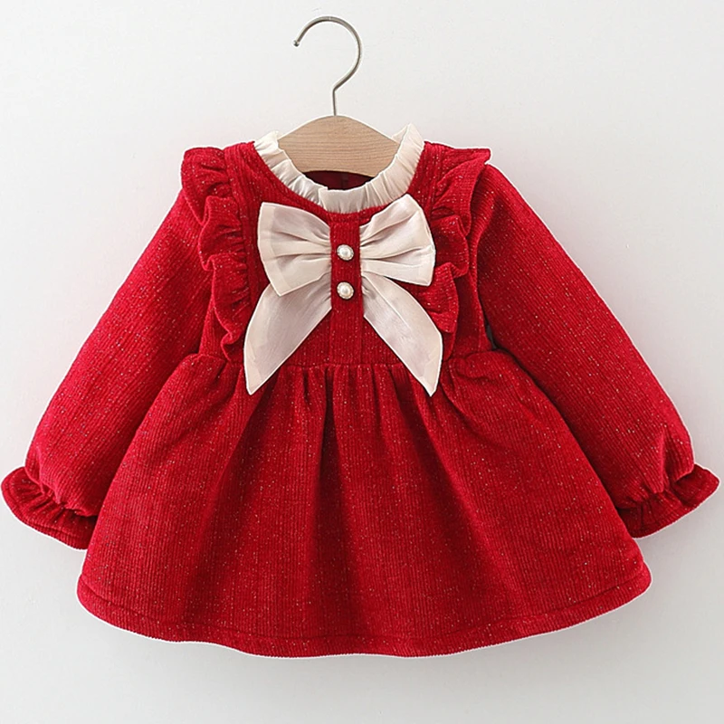 Autumn Winter Toddler Girl Dresses Korean Fashion Cute Bow Fleece Warm Thick Luxury Birthday Dress Baby Clothes Outfit BC1840-1