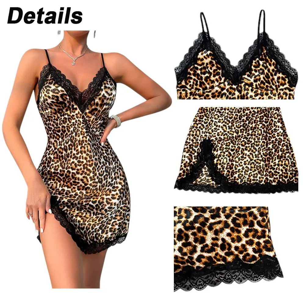 S M L Women Pajama Sexy Leopard Dress Nightdress Side Split Lace Sleep Dress Female Lingerie Nightgown Homewear Clothing