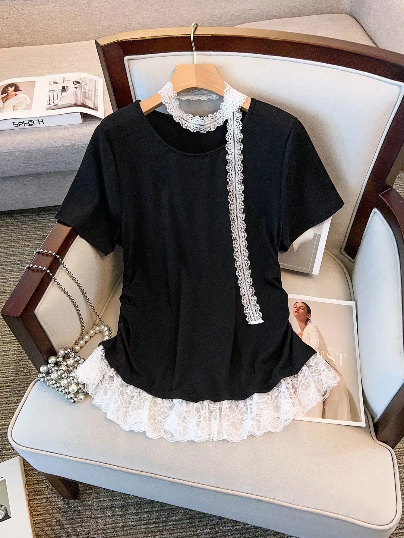 

Женская однотонная кружевная футболка большого размера