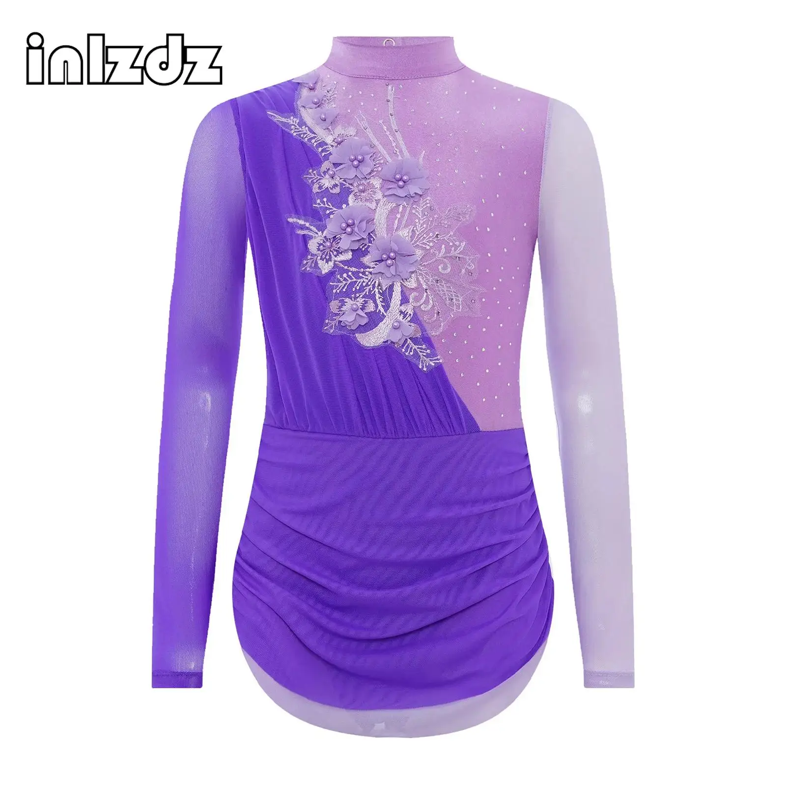 

Kids Girls Rhythmic Gymnastics Figure Skating Ballet Jersey Leotard Applique Rhinestones Dress Lyrical Dance Performance Costume
