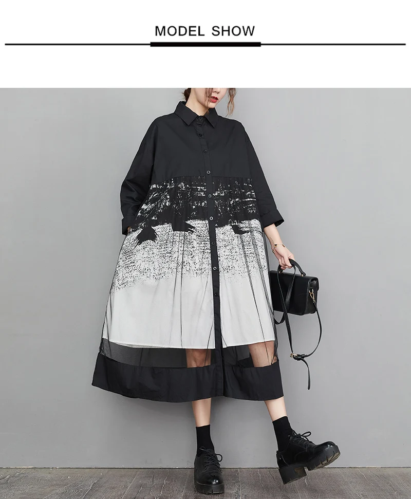 Mesh Patchwork Print Shirt Dresses For Women Long Sleeve Loose Casual Vintage Dress Fashion Elegant Clothing Spring Autumn 2026