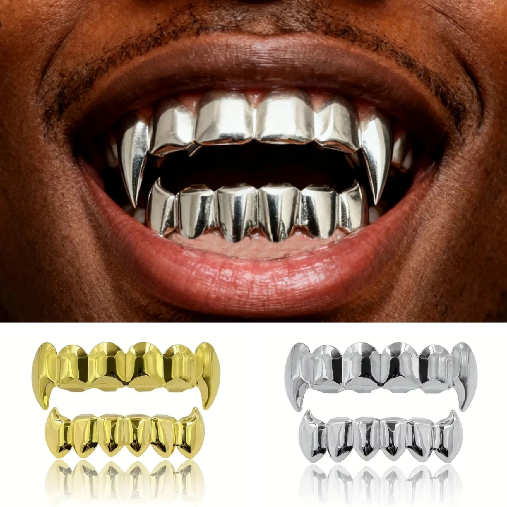 Klassische Glänzende Vampirzähne Zahnkappen Hip-Hop 6/6 Glatte Oberfläche Zahn-Grills für Frauen Männer Halloween Cosplay Schmuck Geschenk – Detail 2
