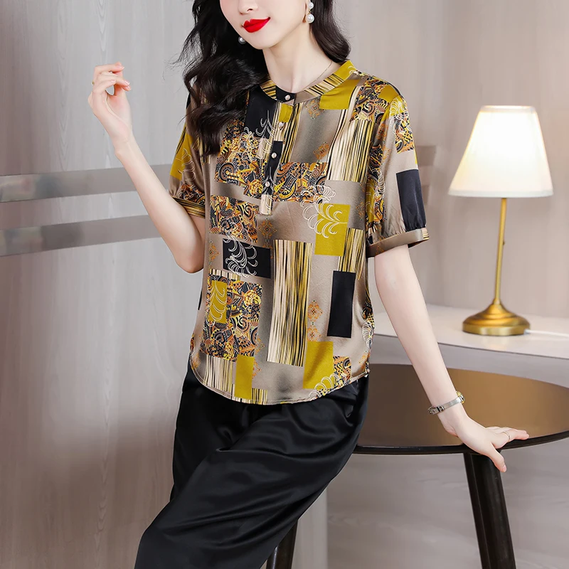 2023 Summer New Silk Women's Shirt Top Silk Print Loose Large O-Neck Slim Precious Women Short Sleeve Shirt T-shirt