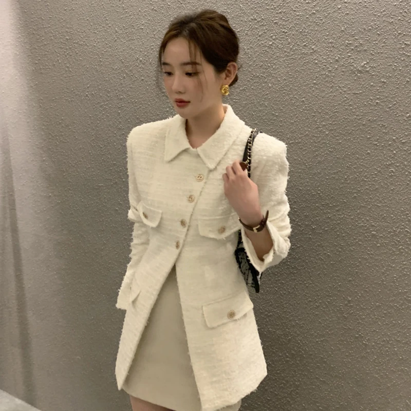 Chic Autumn Fragrant Style Flip Collar Irregular Button High Waist Long Sleeve Thick Tweed Coat Women Jackets