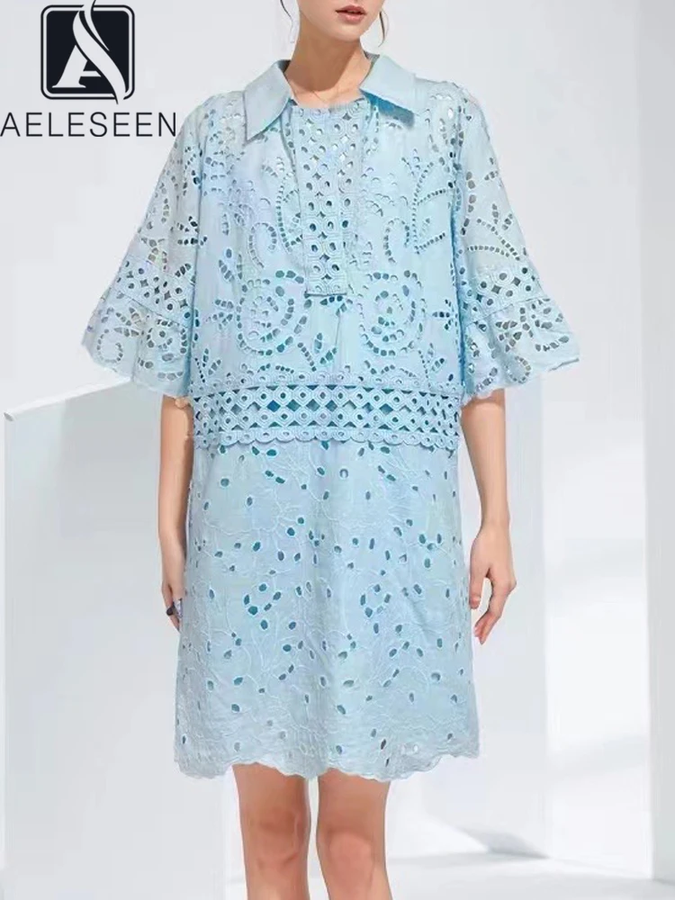 

AELESEEN Women's Mini Lace Dress Deisgn Fashion Turn-down Collar Flare Short Sleeve Hollow Out Flower Casual Solid Blue Pink