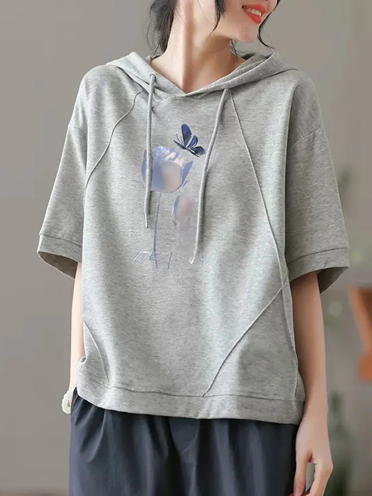 

Women's Cotton Short Sleeve Hoodie T-shirt Summer Casual Loose Fit Printed Grey Outdoor Wear Comfortable Breathable Top