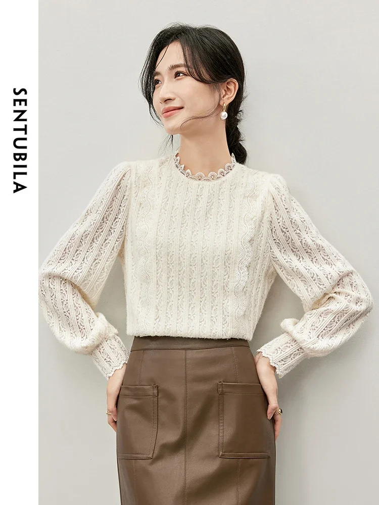 

SENTUBILA Elegant Lace Thicken Pullovers for Women 2024 Winter Hollow Out Puff Sleeve Crew Collar Casual Women Tops 144S57142