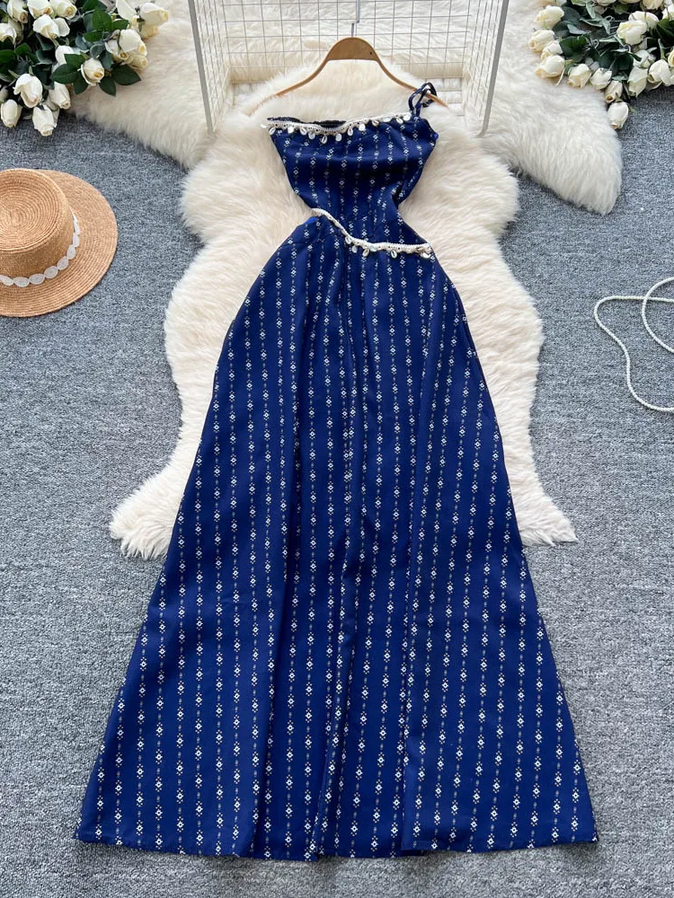 Czysta Urok Odkryte Ramiona Nadruk na Ramiączkach Damska Letnia Sukienka Wakacyjna z Wąską Taliaą Długa Spódnica Koreański Styl Wysoki Stan...