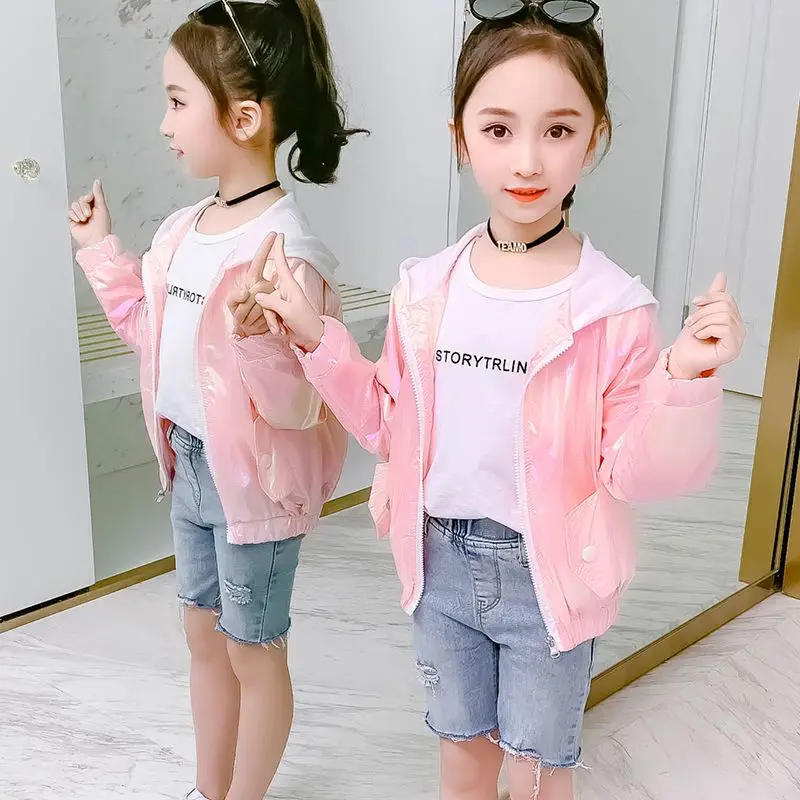 2024 Spring Autumn Teen Girls Jacket Windbreaker Fashion Shiny Letter Coat For Girls Hooded Outerwear Children Clothing 3-12 Yrs