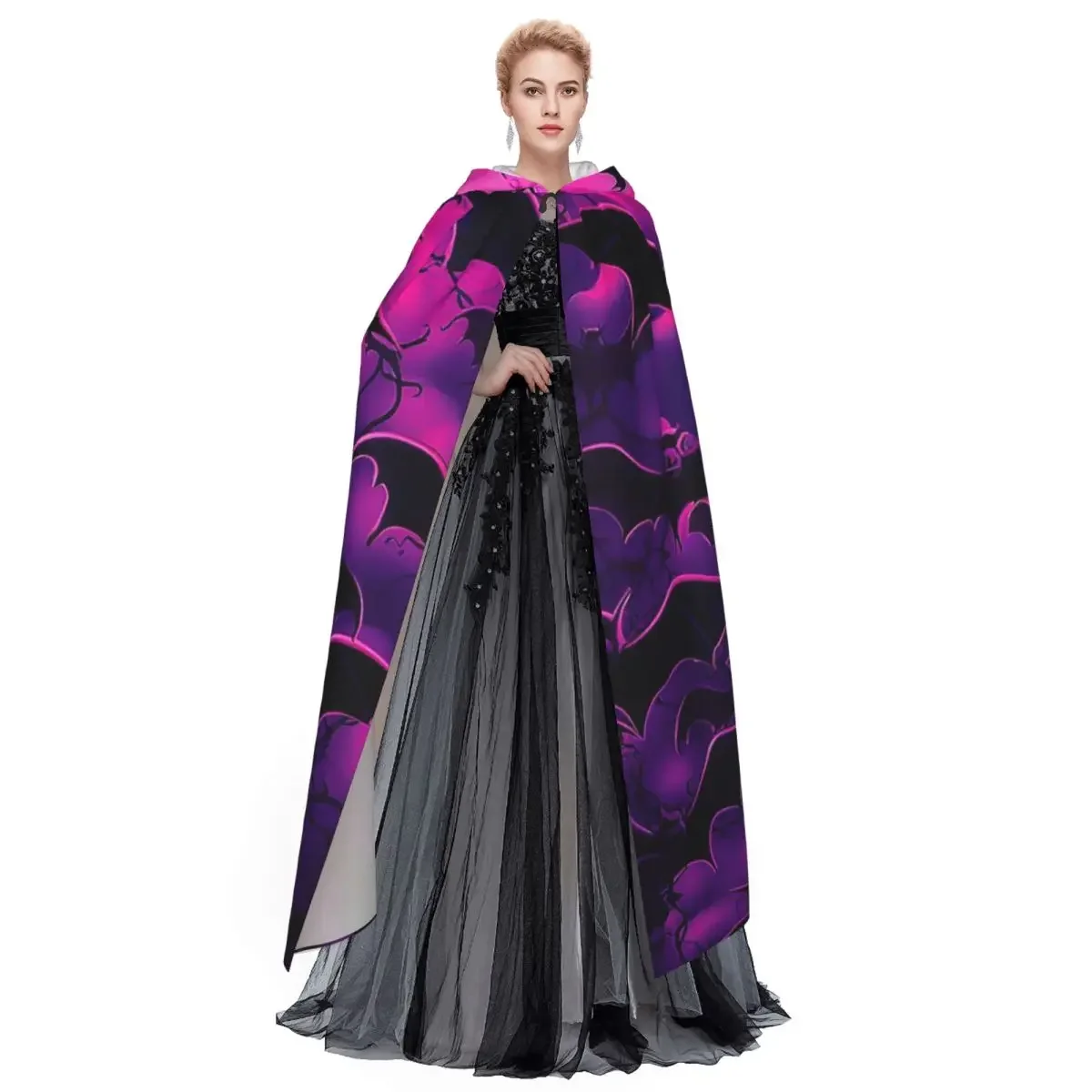 Custom Halloween Bats Long Hooded Cloak Witch Medieval Costume Cosplay Cape HalloweenParty Adult Unisex view 2