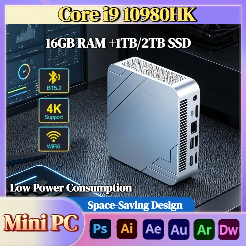 Intel i9 10980HK Mini Desktop Computer 16GB DDR4 2TB NVMe SSD Triple 4K WiFi6 High Performance for Office Home