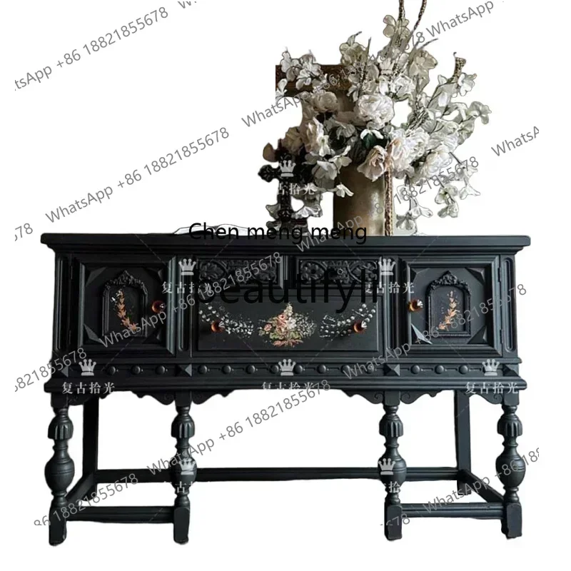 

xz1French retro solid wood carving flower entrance cabinet painted flower decoration cabinet living room wall display cabinet