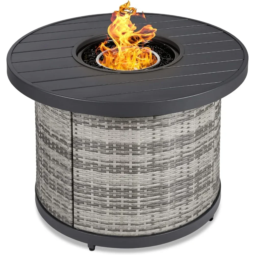 32in Round Gas Fire Pit Table, 50,000 BTU Outdoor Wicker Patio Propane Firepit W/Faux Wood Table Top, Glass Beads, Cover