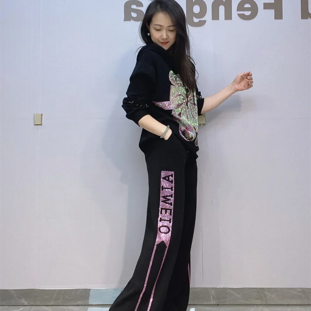 Fashion Hooded Knitted Top and Pants Two-piece Sets Women Outfits 2024 Autumn New High-end Cartoon Diamond Wide-leg Pants Set