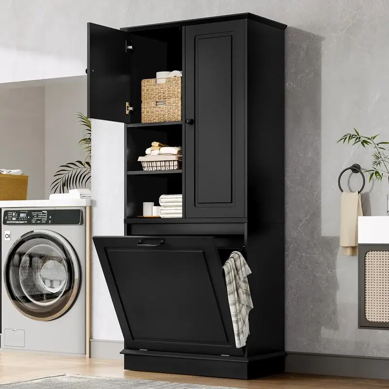 

Tall Storage Cabinet with Adjustable Shelves, Large Flip-Out Basket & Enclosed Cabinets for Bathroom, Living Room or Office -