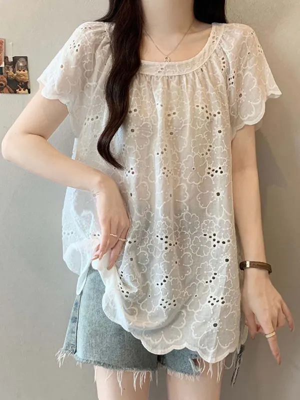 Summer Lace irt Women's Loose Fit ort Sve Hollow out Design plus Size Belly Covering Slimming Single Top