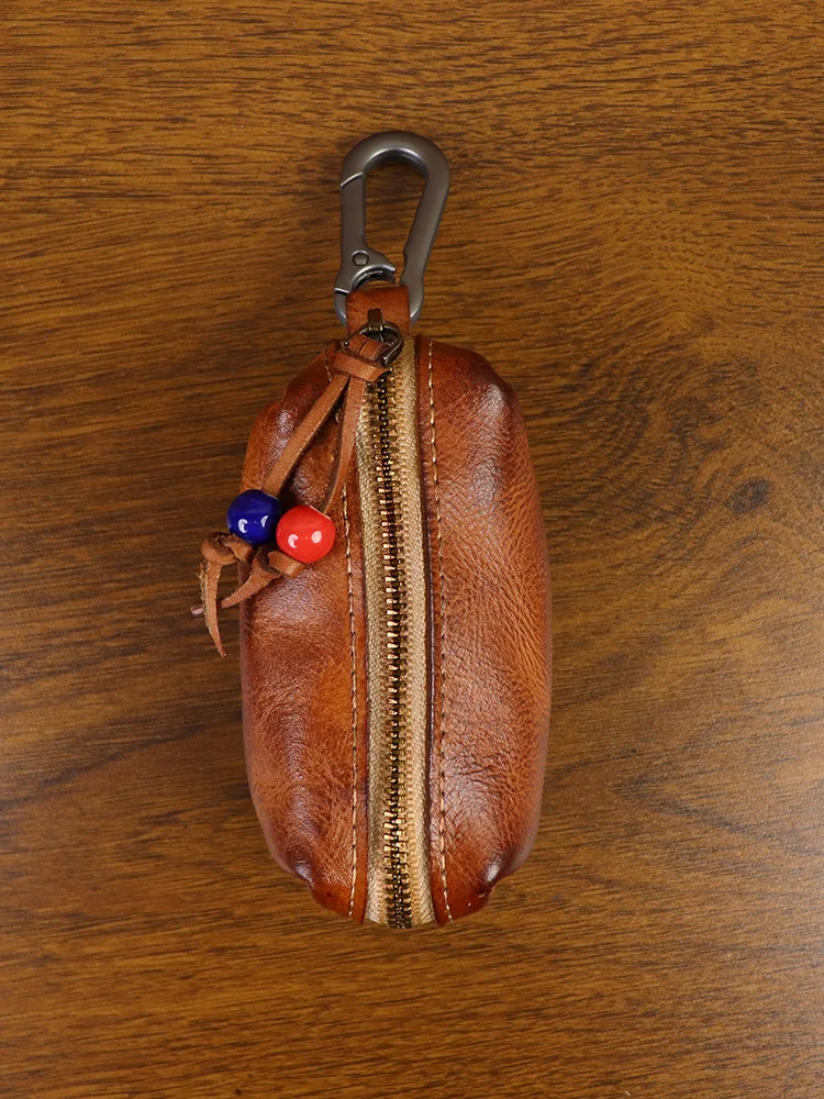 Men's Retro Distressed Leather Key Wallets Handmade Waist Keychain Holder Veg Tanned Leather Pouch