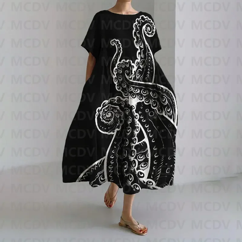 Tentacles Cthulhu Inspired Print Women's Loose Crew Neck Short-sleeved Dress