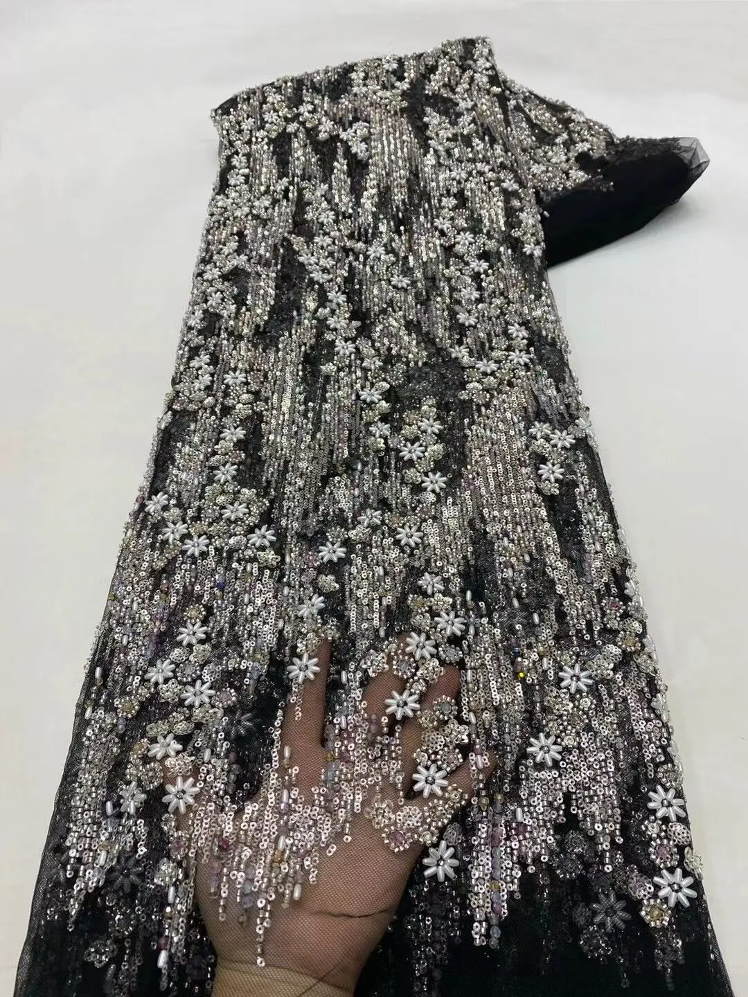 

French Beaded Tulle Lace Fabric L-1401407 High Quality African Net Lace Fabrics With Sequins For Evening Dresses