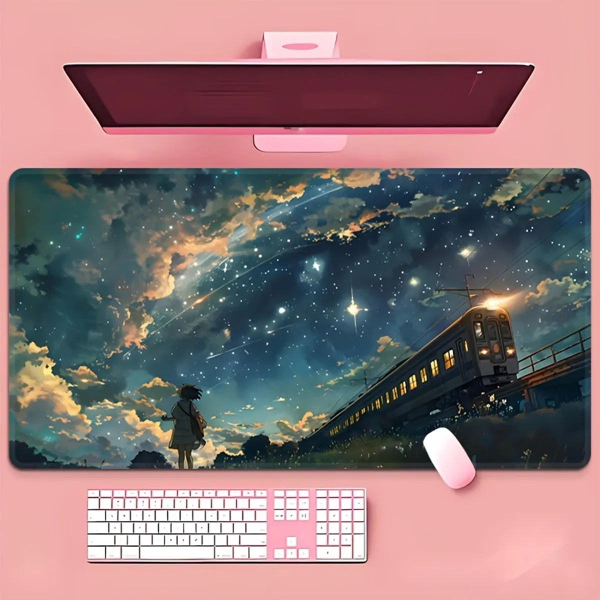 

1 шт. резиновый декоративный коврик для мыши с летней тематикой «Ночной пейзаж» и «Поезд», нескользящий, с прошитыми краями, для офисного стола и игр