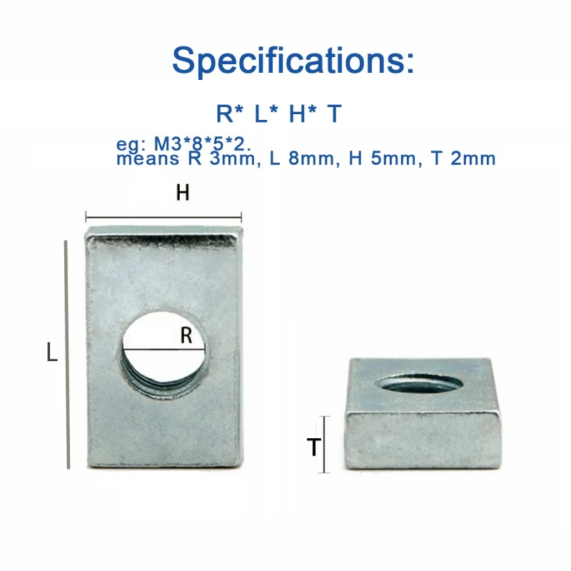 10/ 50pcs Square Nut M3 M4 M5 M6 M8 Zinc-Plated Carbon Steel Thin Rectangular Nuts Slider Block for Aluminum Profile Accessory