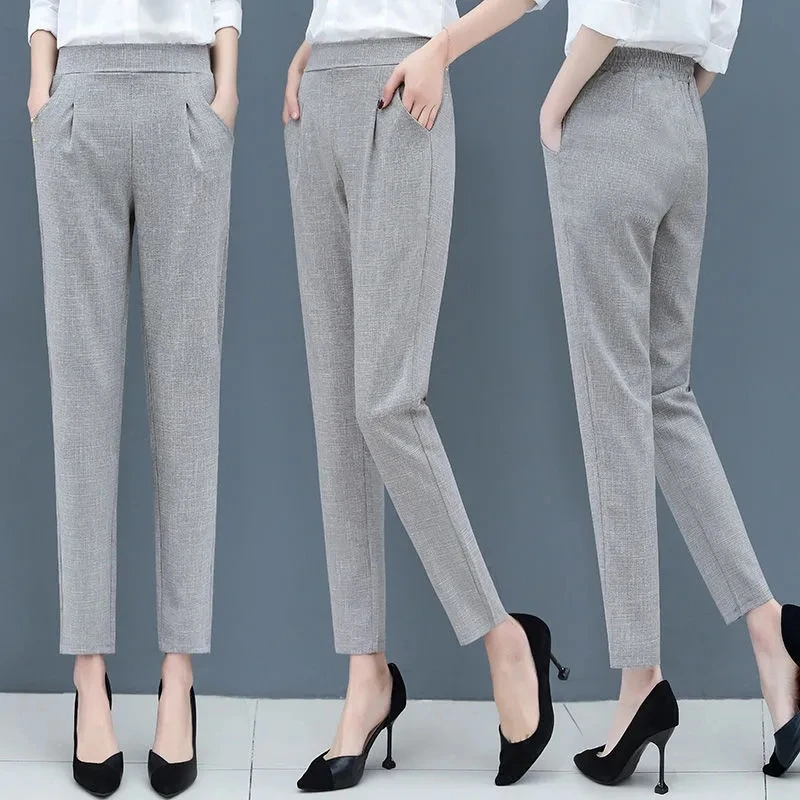 Pantalon harlan taille haute pour femme, pantalon à jambe droite, coton et lin, loisirs, neuf points, printemps et été, 2024