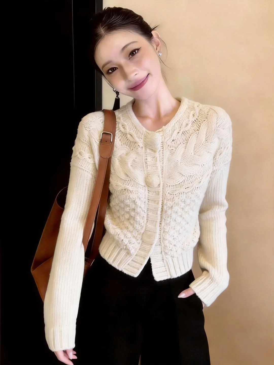 

Korean Sle Commuter Beige 3D Flower Knitted Open Cardigan Women's Long Sve round Ne Design Spring New Arrival