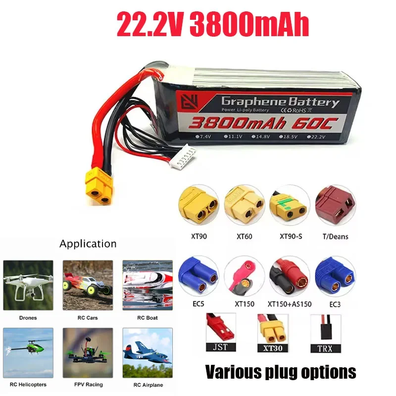 

6S Lithium Battery 22.2V 60C 6S 3800mAh with EC5 Plug Suitable for Aircraft Vehicles Cars Boats Trucks Off-road Vehicles