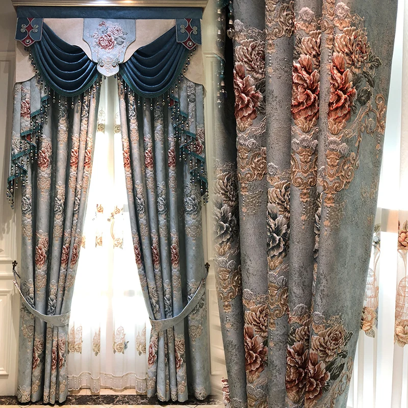 

Custom curtain bedroom European atmosphere luxury embossed jacquard blue cloth blackout curtain tulle valance drape C1464