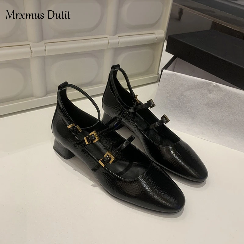 Mrxmus Dutit 2023 New Spring Summer Fashion Genuine Leather Mary Jane Rough Heel Sandals Women Simple Ballet Shoes Female Chic