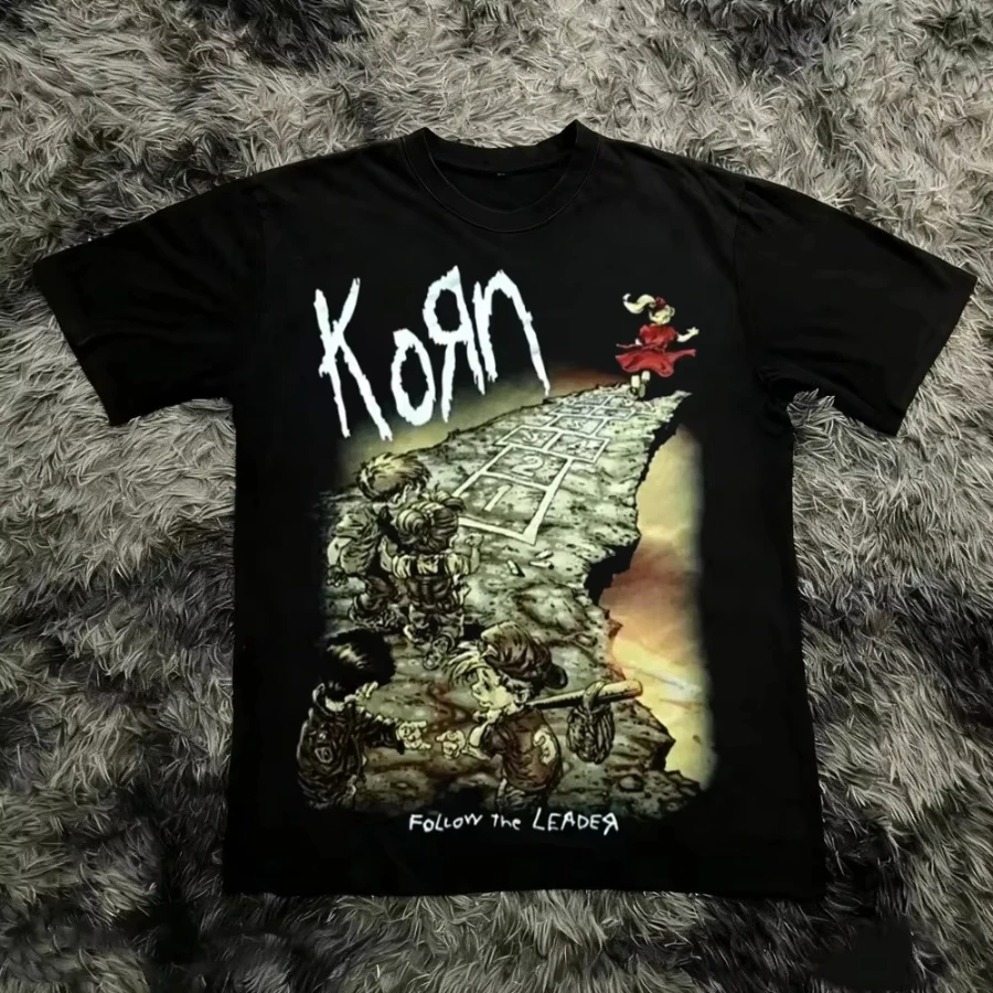 Korn Follow The Leader Cotton Printed T-Shirt Double-Sided Metal Band Tee Men's and Women's Oversize Couple Tee Tops