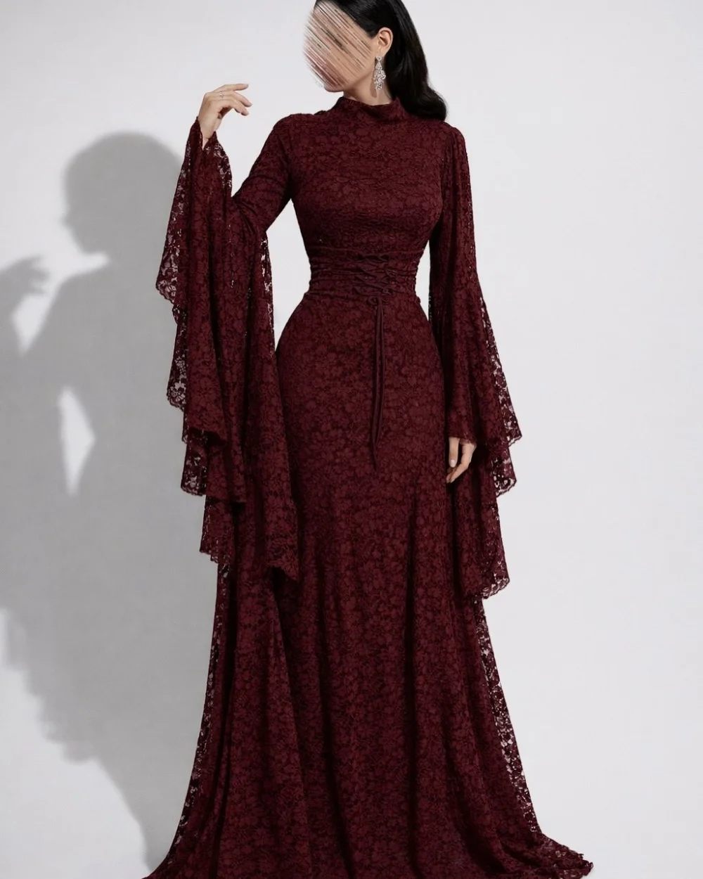 

Customized Burgundy Sexy Formal Lace Pleat Sash A-line High Collar Long Dresses Evening Dresses Sizes Available High Quality