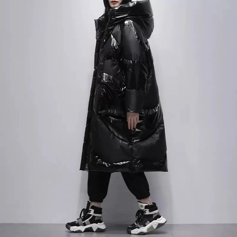 Doudoune Longue Noire Brillante pour Femme, Parka à Capuche, Décontractée, Épaisse, Chaude, Pardessus Féminin, Nouvelle Collection Hiver 2025