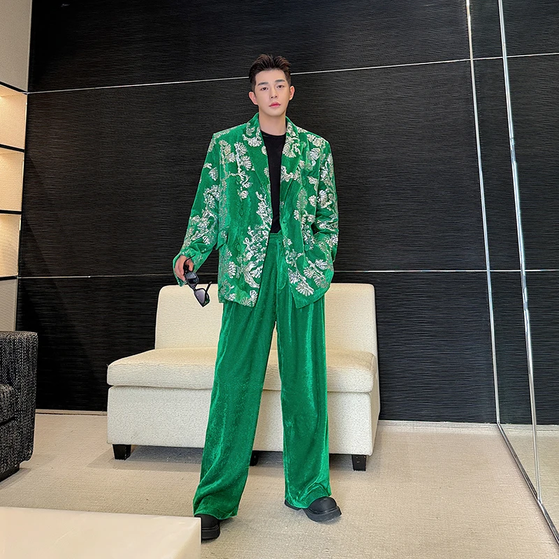 Spring 2024 Men's Suit New Chinese Style Embroidered Sequins Suit Men's Wide Leg Trousers Handsome Trendy Two-Piece Sets