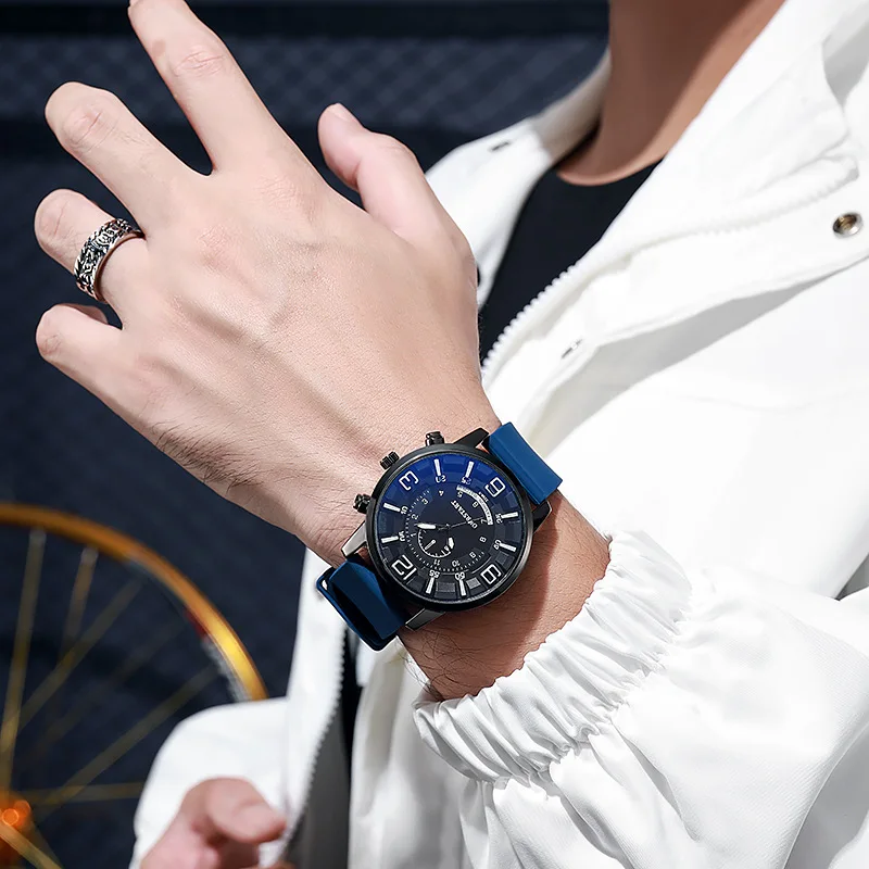 Fashionable casual stereoscopic digital blue glass quartz silicone watch for men