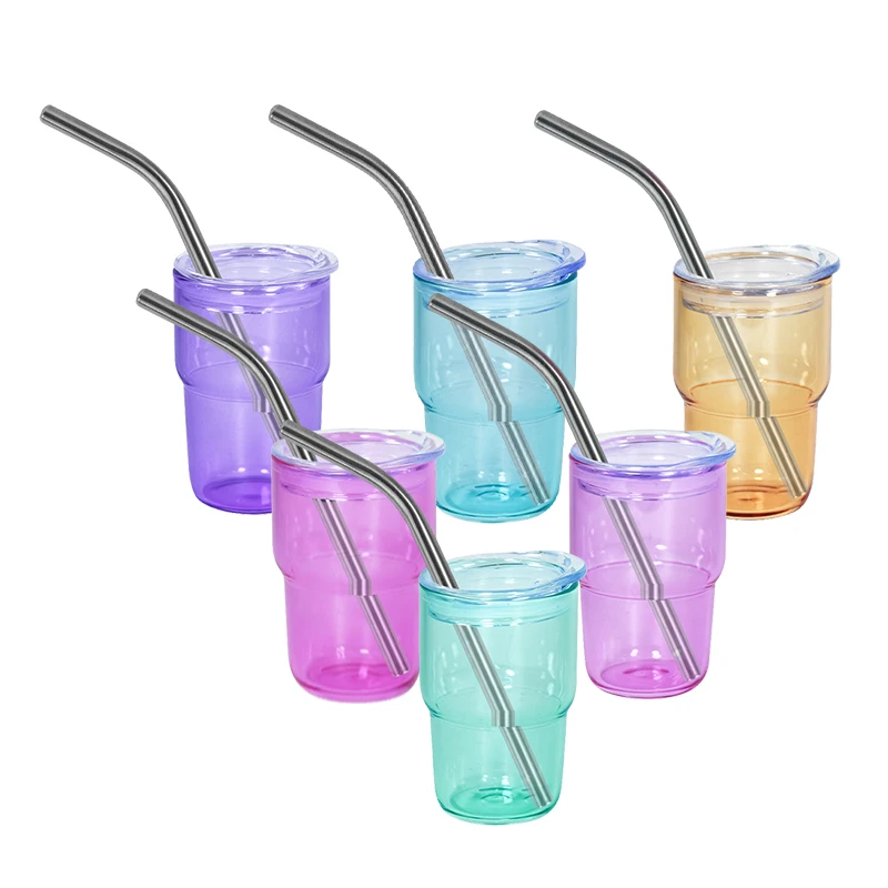 

Бесплатная доставка, склад США, 6 шт., смешанные цвета, 3 унции, мини-цветные сублимационные пустые очки, стеклянная чашка с соломой Wang