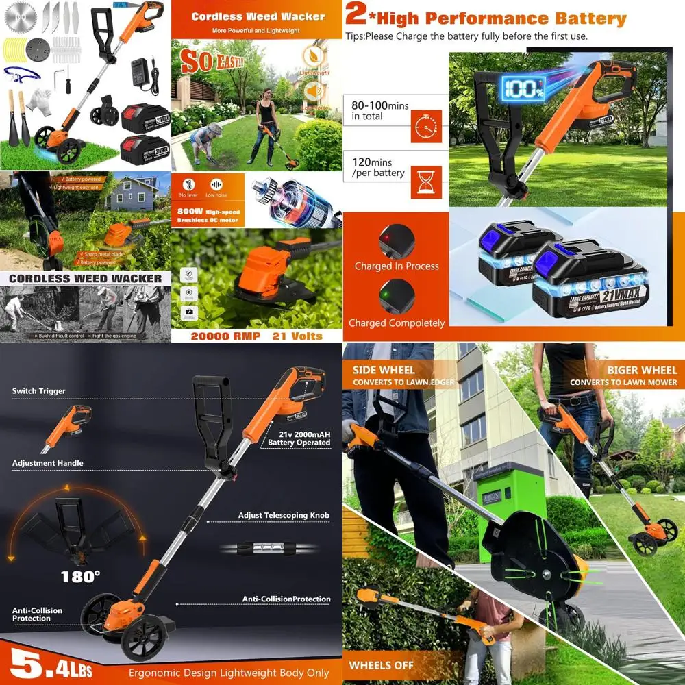 

Аккумуляторный электрический триммер для травы 21В: легкий, 3-в-1 (триммер для травы/триммер для краев газона/кусторез) с 2 аккумуляторами и колесами для