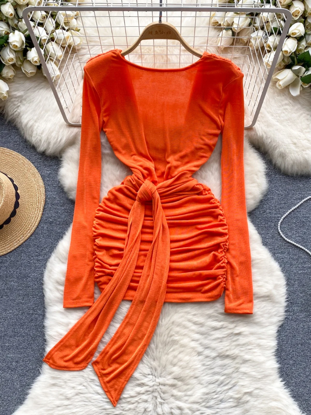 Foamlina American Early Spring Dress Sexy Openwork Backless V-neck Folds Slim Short Dress Socialite Mini Short Orange Dresses