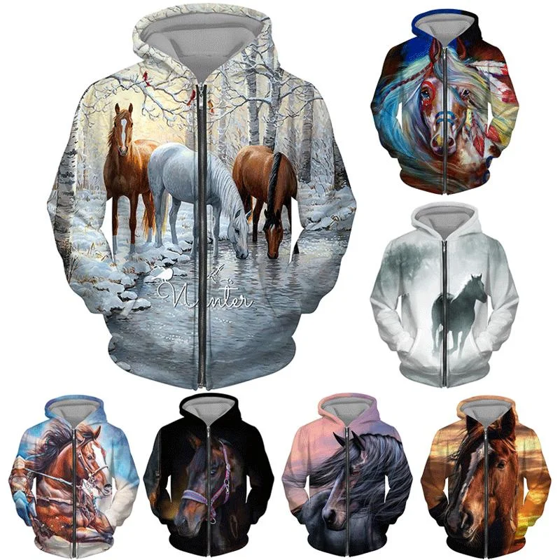 

Fashion Horse Pattern Zip Up Hoodies Spring Autumn Long Sleeve Mens 3D Animals Printed Zipper Hoodie Loose Casual Sweatshirts