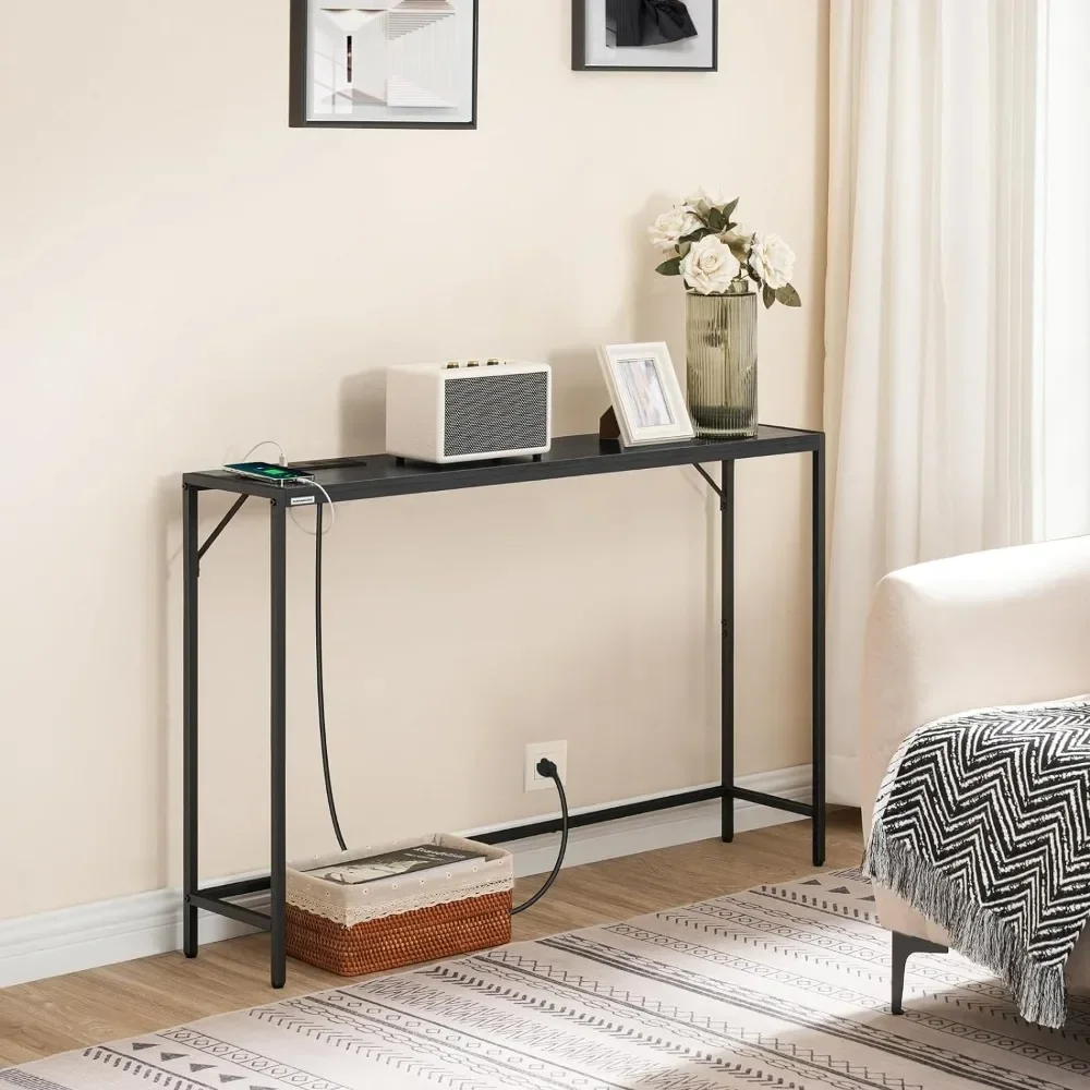 Console Table, Narrow Sofa Table, 43.3” Entrance Table with Power Station, Behind Couch Table, Simple Style