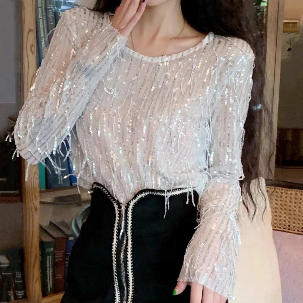 Glittery Long Sleeve T-shirt Glitter Tassel Sequin Tops Stylish Women's Long-sleeved Casual T-shirts with A Loose Fit Solid