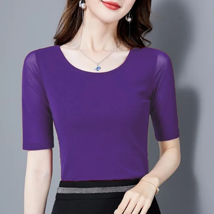 Top in rete a maniche corte per t-shirt da donna per l'estate, slim a mezza manica per piccola camicia con base in pizzo nero sottile per capispalla