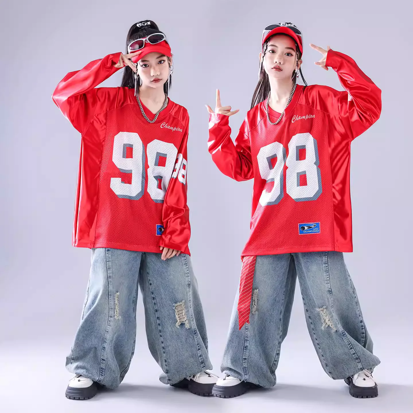 

Детская одежда в стиле хип-хоп Kpop, красный трикотаж, толстовка, джинсовые рваные джинсы с изогнутыми лезвиями, брюки для девочек и мальчиков, костюм для уличных танцев, одежда