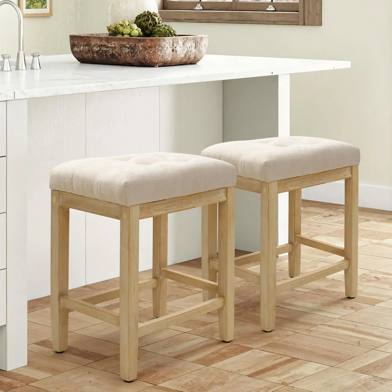 طقم مقاعد بار بارتفاع عداد مكون من 2، مزرعة حديثة، مقعد قماش بيج، أرجل خشبية، 24 بوصة