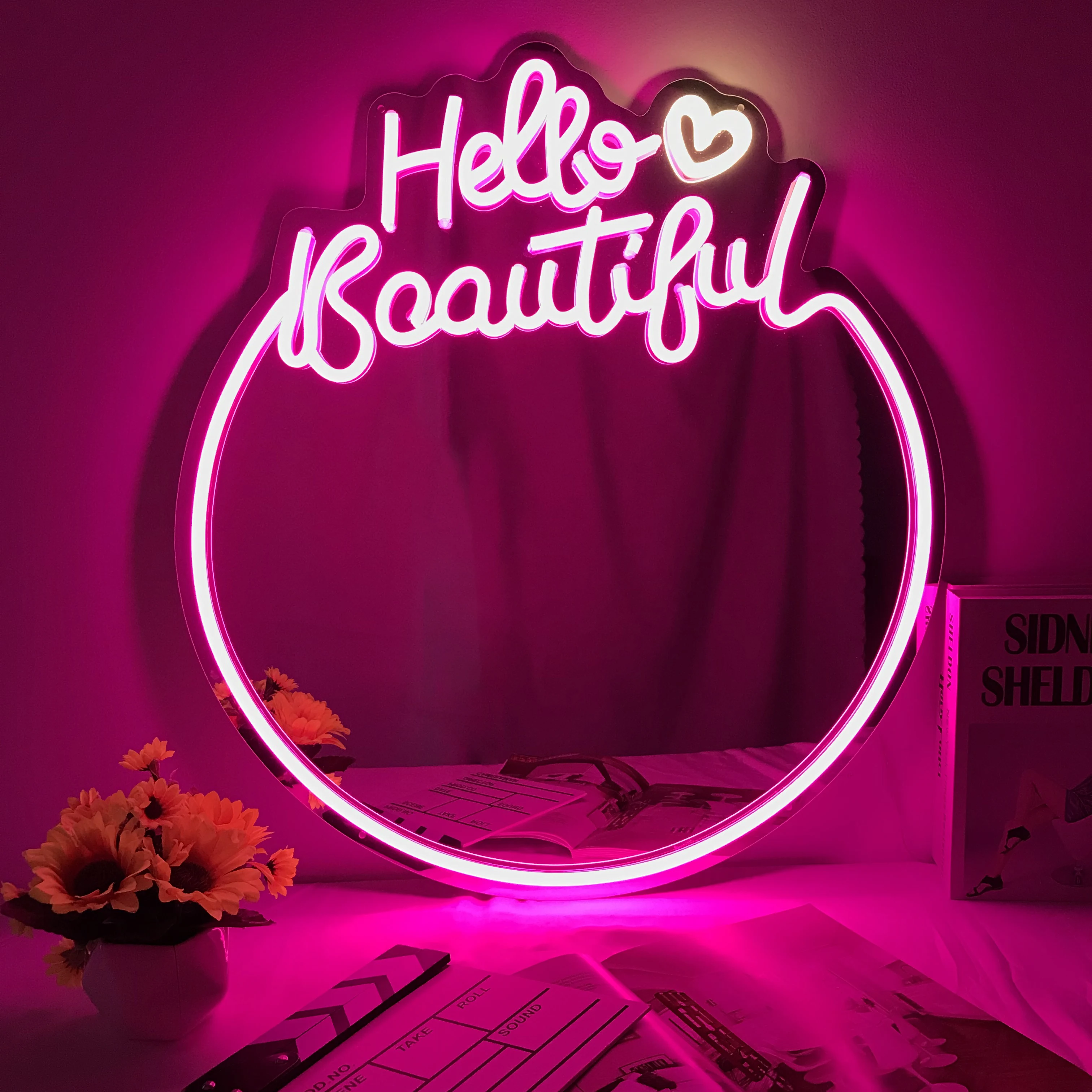 

LED Neon Hello Beautiful Makeup Mirror Sign Pink Light 23.2in X 25.6in Custom Girls Room Decor Lamp Vanity Mirror with LED Light