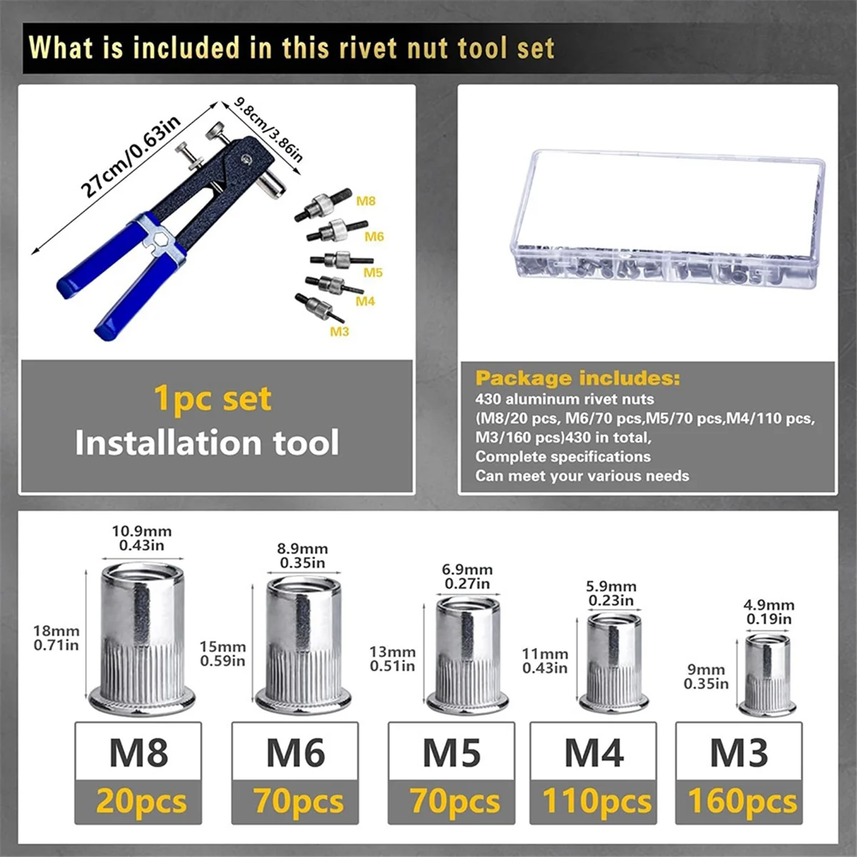 

Y31A Pressure Rivet Nut Tool Kit, 430Pcs Metric Rivet Nut Combination (M8/M6/M5//M3), Suitable for Furniture, Decoration B