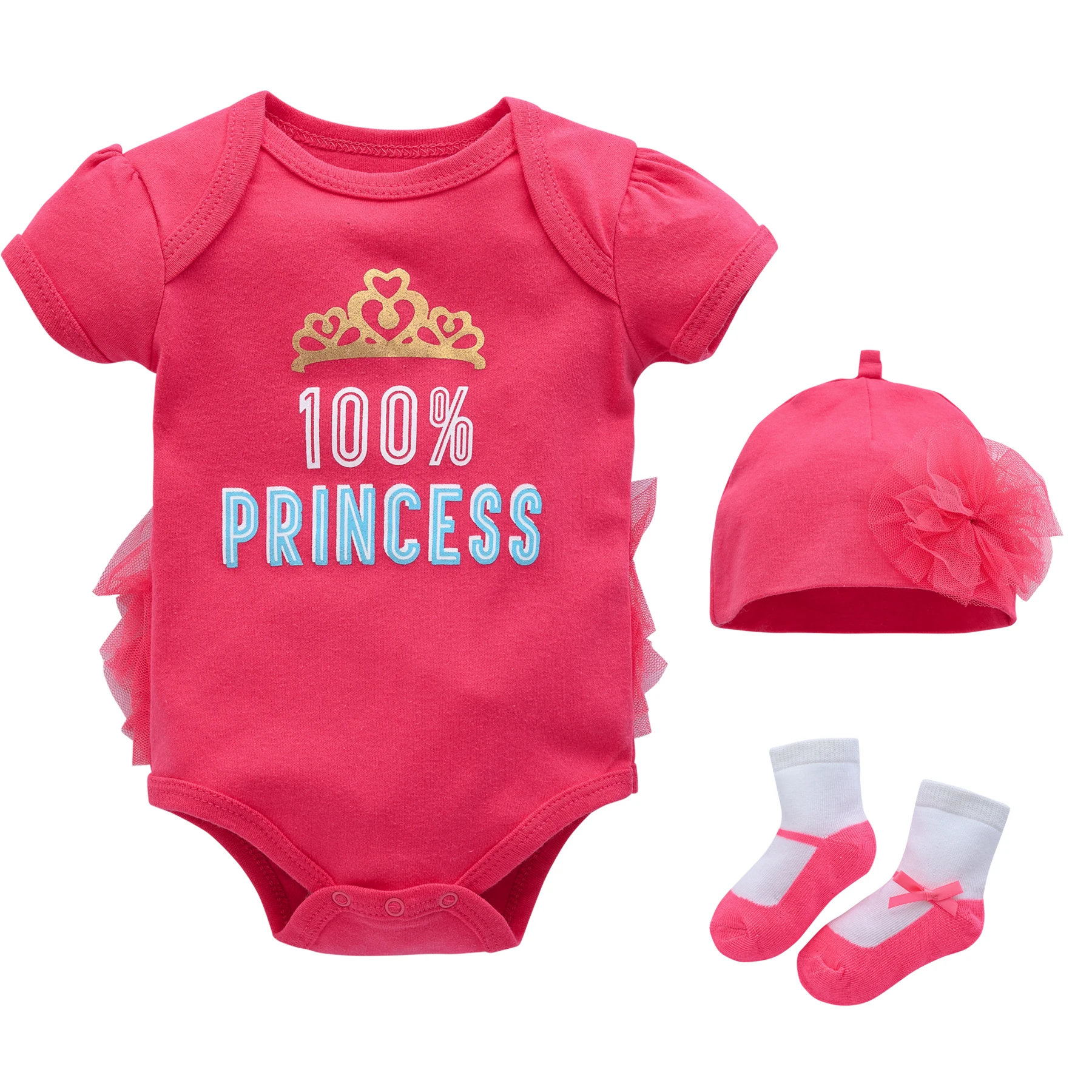 3Pieces Pink Baby Girls Clothing Baby Romper +Hat+Socks Newborn Gift Set Kids Clothes 100% Cotton Princess Girls Dresses