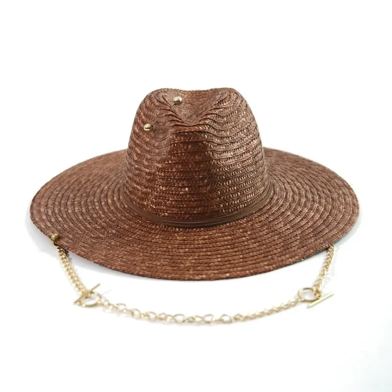 Women's Wide Brim Wheat Straw Hat with Chain Beach Sun Cap Vacation EU US Style