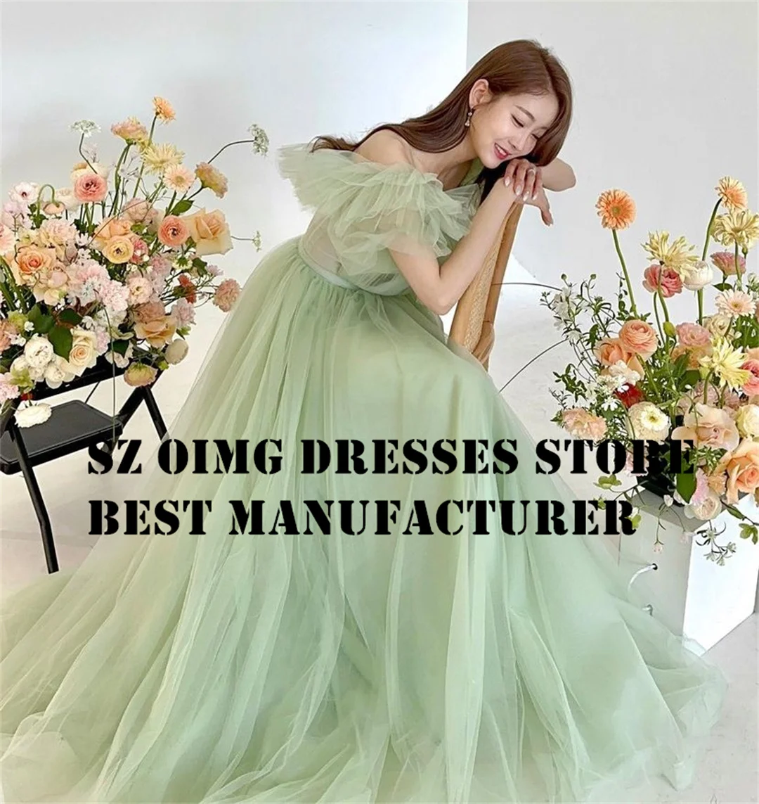 OIMG Korea A-Line Green Prom Maxi Dresses Ruched A-Line Ruffles Off Shoulder Tulle Pleated Evening Gowns Formal Party Dress