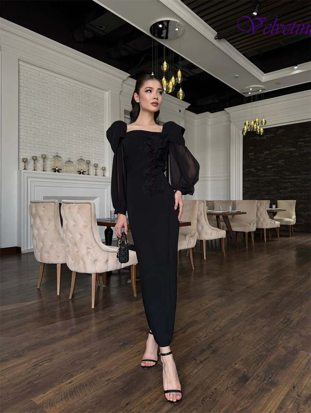 ที่กําหนดเองประณีตสแควร์คอยาวแขนยาวชุดราตรีคุณภาพสูง Jersey Homecoming Dresses Delicate Party Gowns